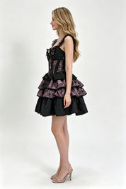 Black Mauve Jacquard Corset Bow Tiered Ruffle Mini Dress