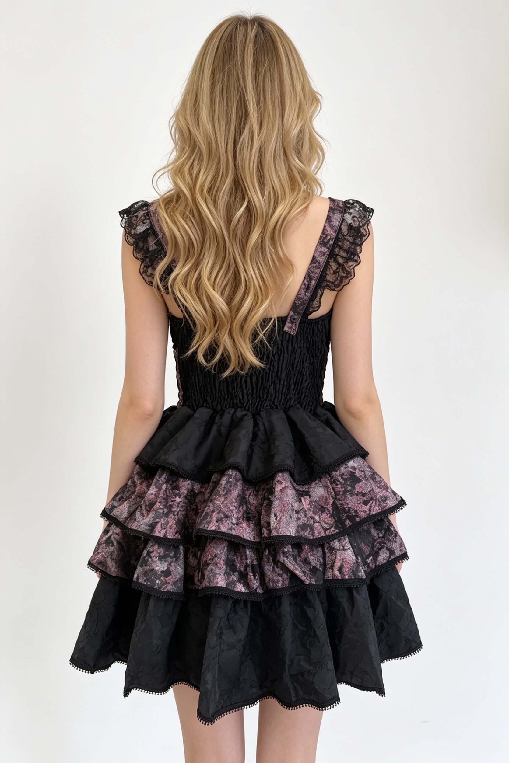 Black Mauve Jacquard Corset Bow Tiered Ruffle Mini Dress