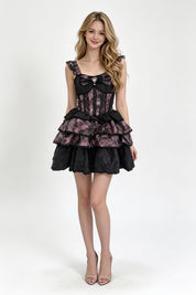 Black Mauve Jacquard Corset Bow Tiered Ruffle Mini Dress