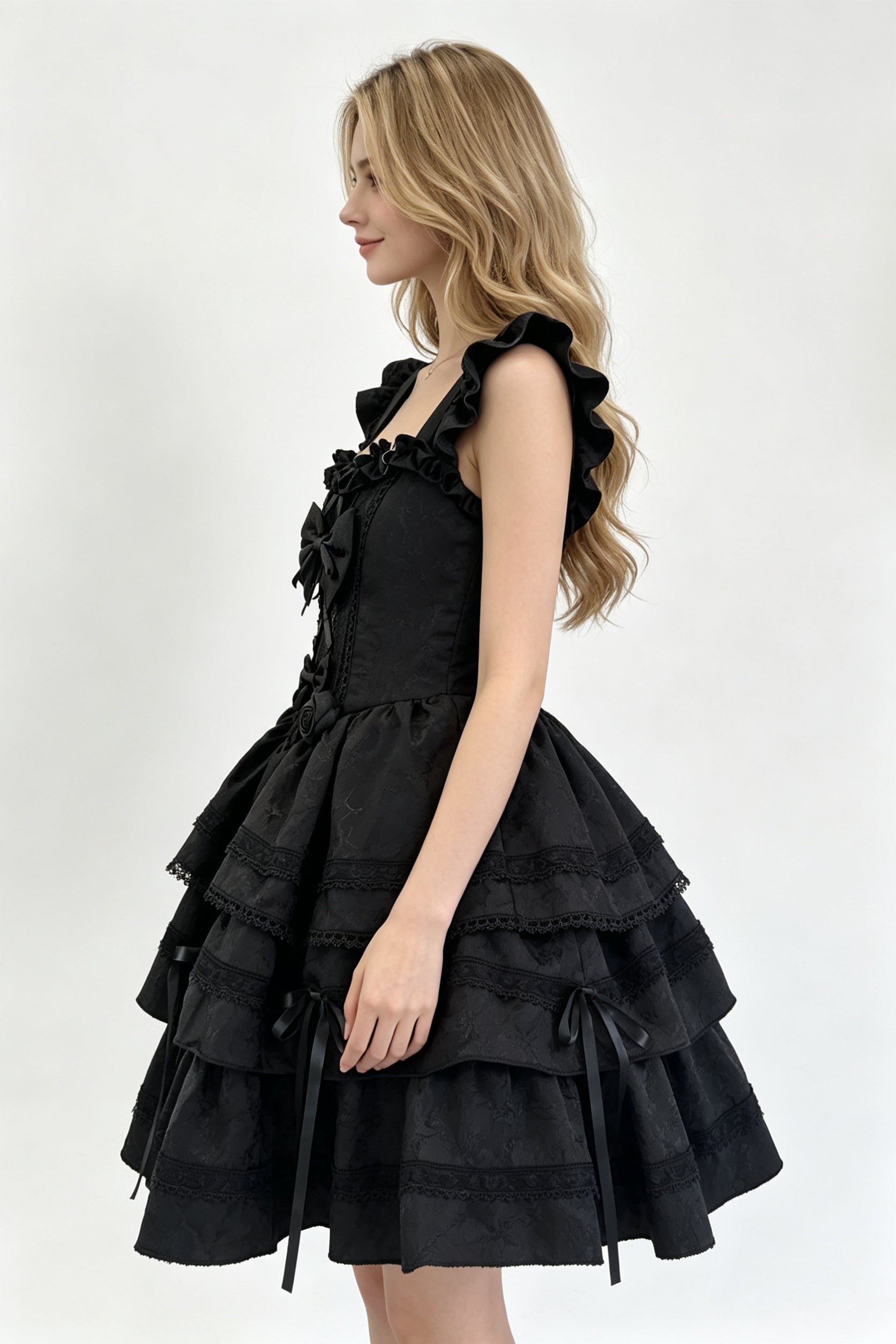 Black Lace-Up Bow Corset Tiered Ruffle Mini Dress