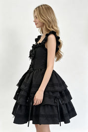 Black Lace-Up Bow Corset Tiered Ruffle Mini Dress
