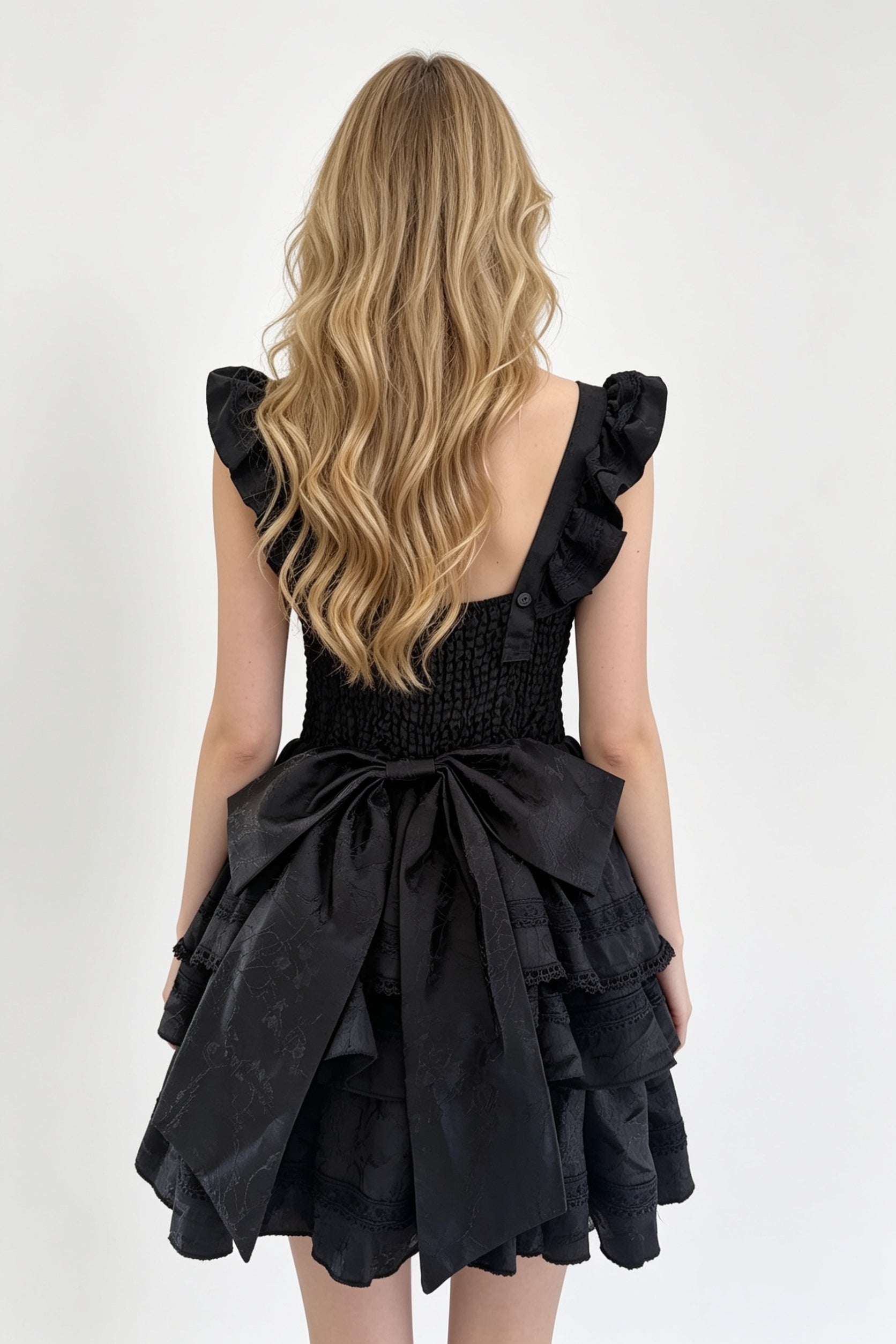 Black Lace-Up Bow Corset Tiered Ruffle Mini Dress