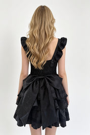 Black Lace-Up Bow Corset Tiered Ruffle Mini Dress