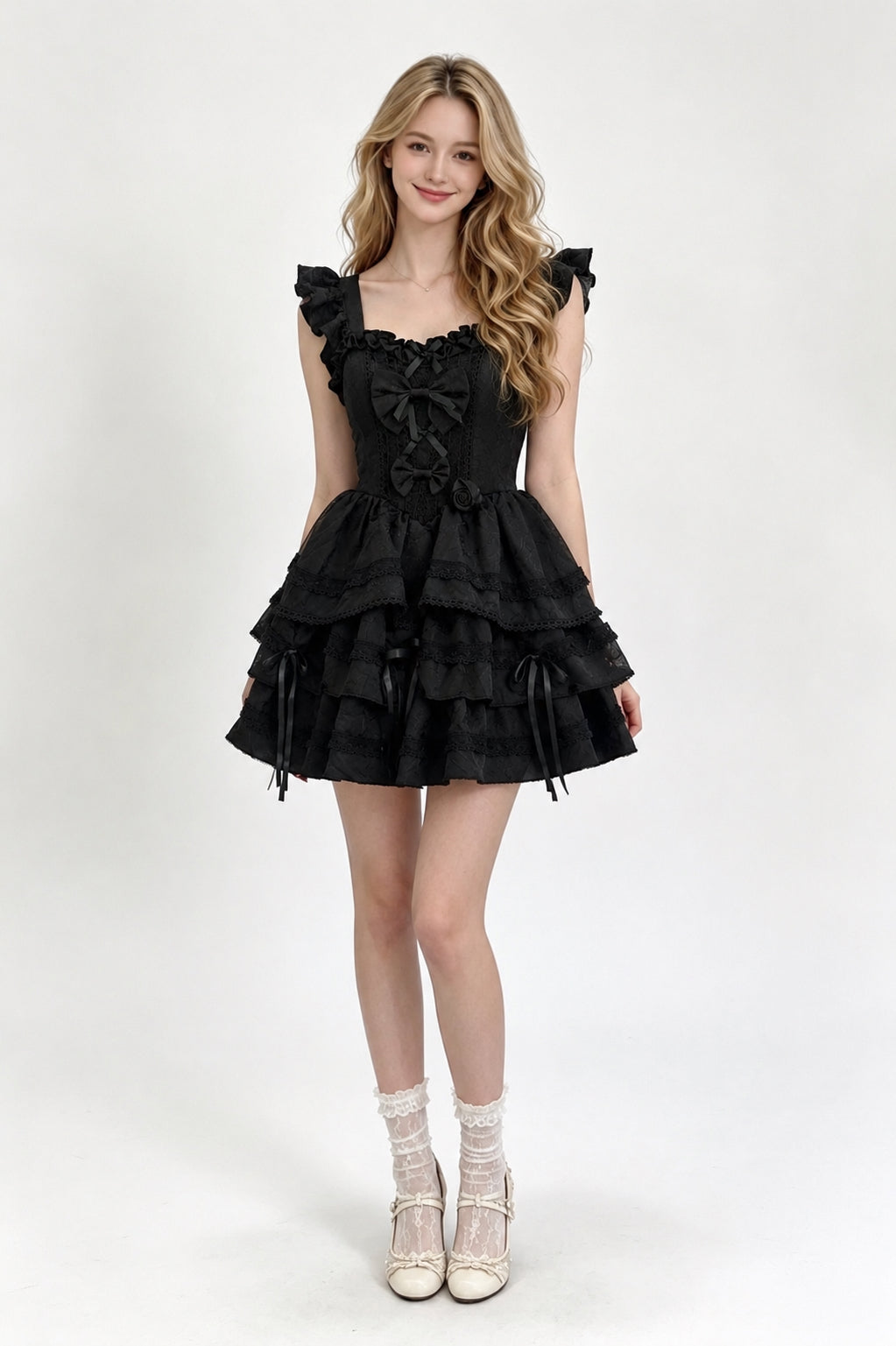 Black Lace-Up Bow Corset Tiered Ruffle Mini Dress
