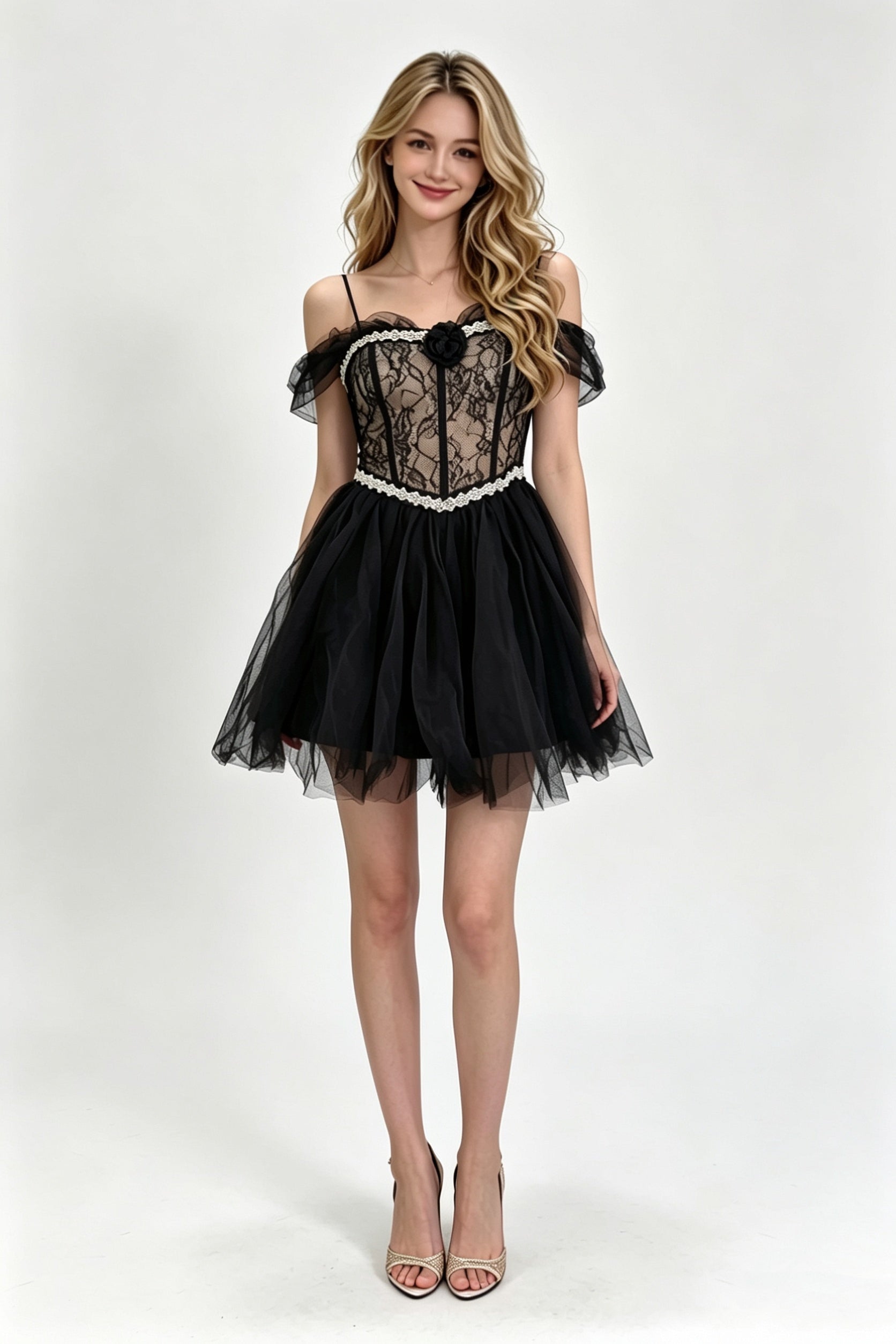 Black Off-Shoulder Lace Corset Tulle Mini Dress