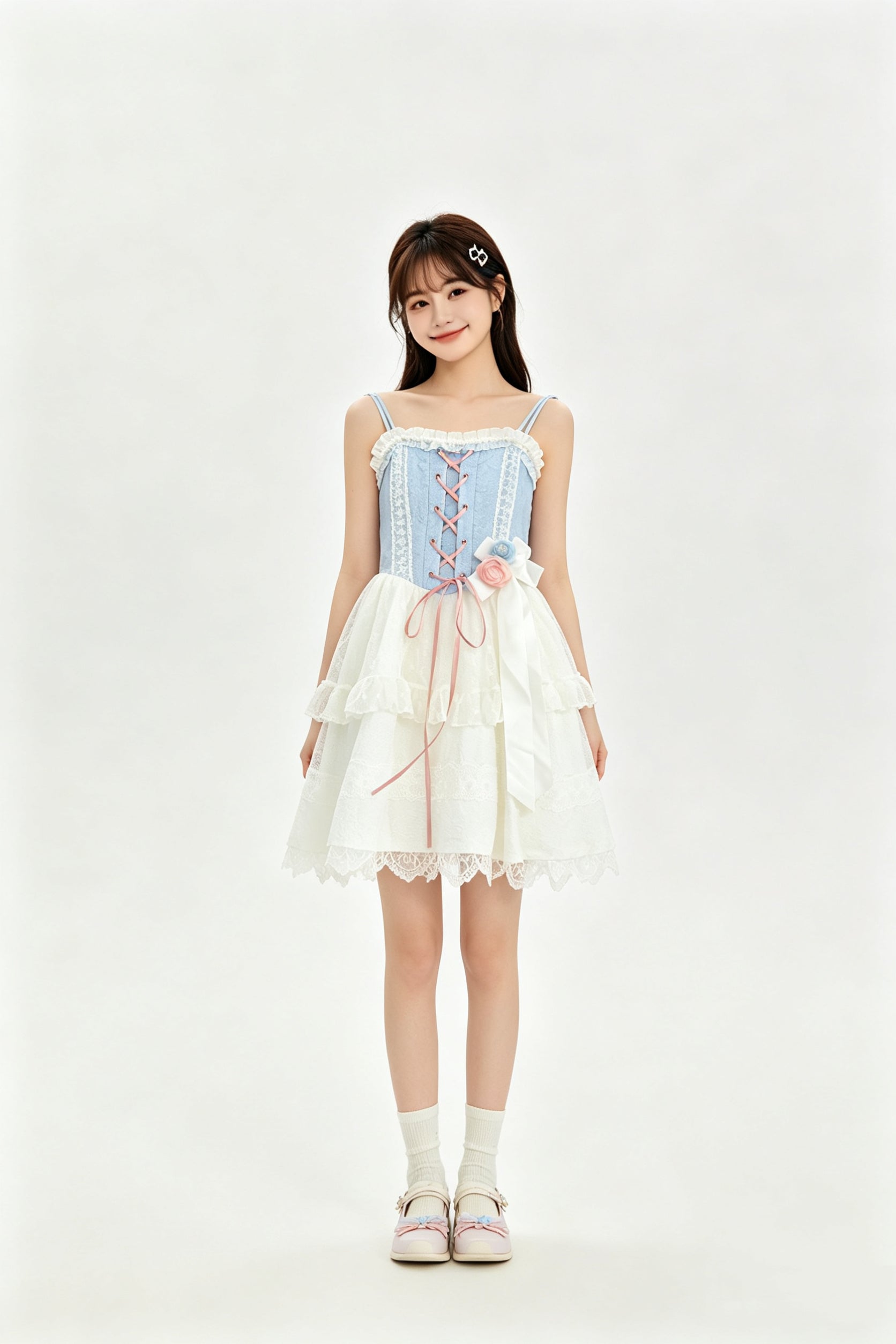 Blue Lace Corset Rose Tiered Tulle Lolita Mini Dress