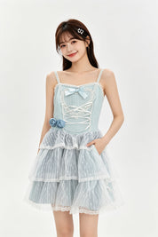 Bow Lace-Up Corset Tiered Tulle Mini Dress