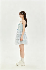 Bow Lace-Up Corset Tiered Tulle Mini Dress