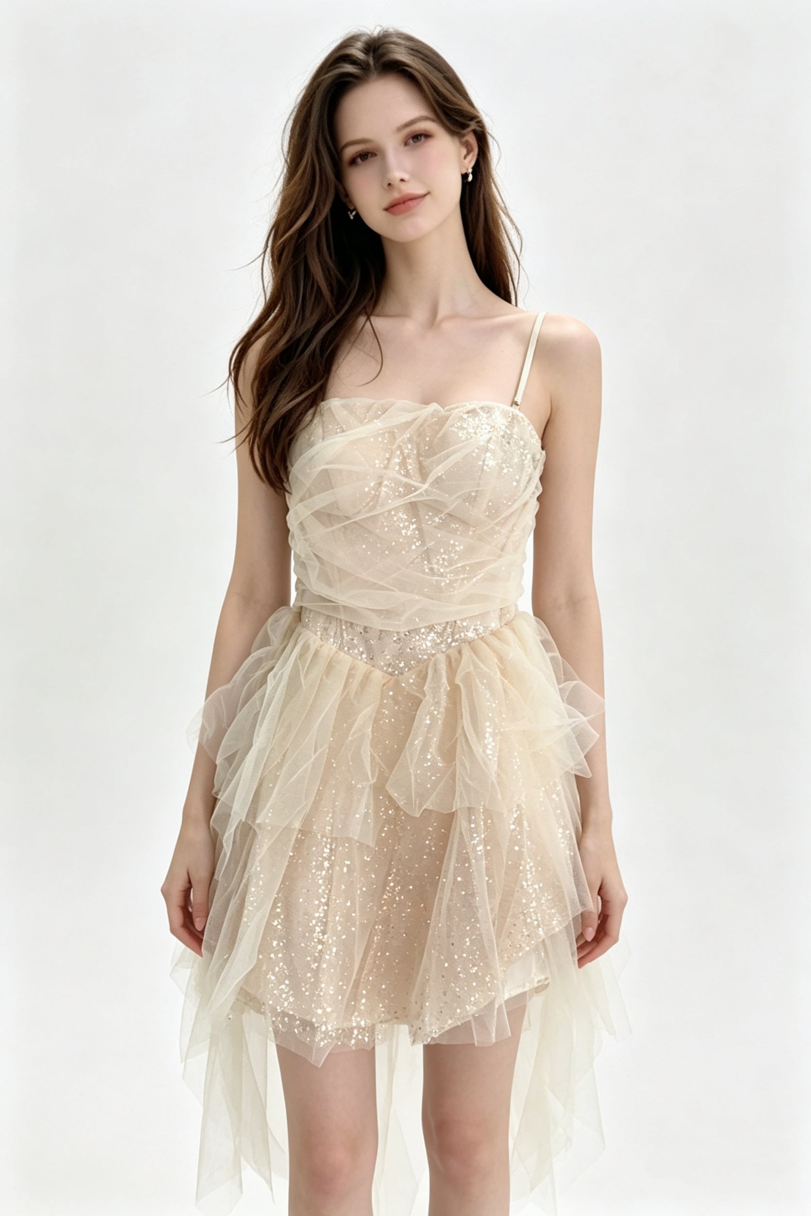 Champagne Sparkle Ruched Asymmetric Tulle Mini Dress