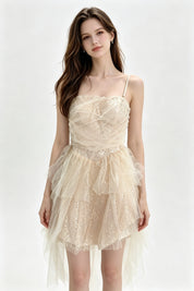Champagne Sparkle Ruched Asymmetric Tulle Mini Dress