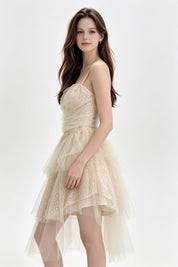 Champagne Sparkle Ruched Asymmetric Tulle Mini Dress