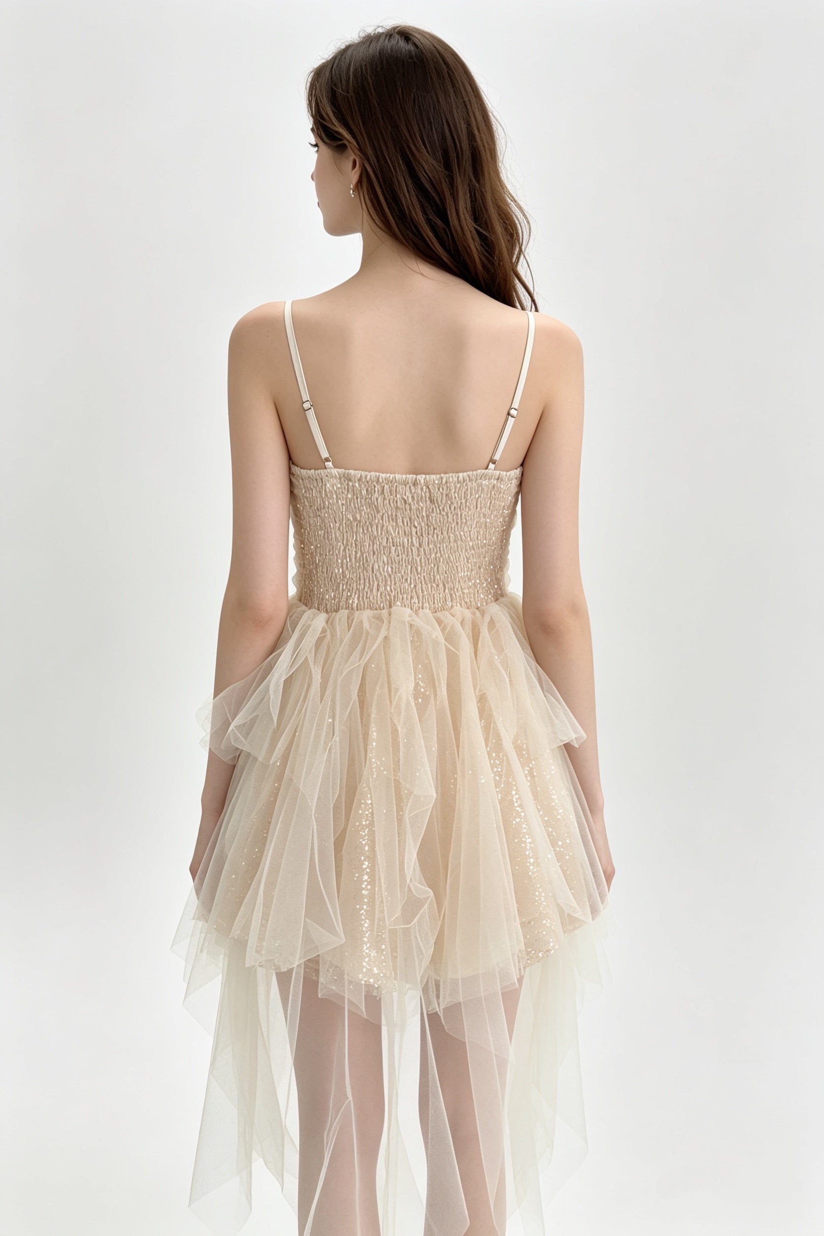 Champagne Sparkle Ruched Asymmetric Tulle Mini Dress
