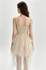 Champagne Sparkle Ruched Asymmetric Tulle Mini Dress