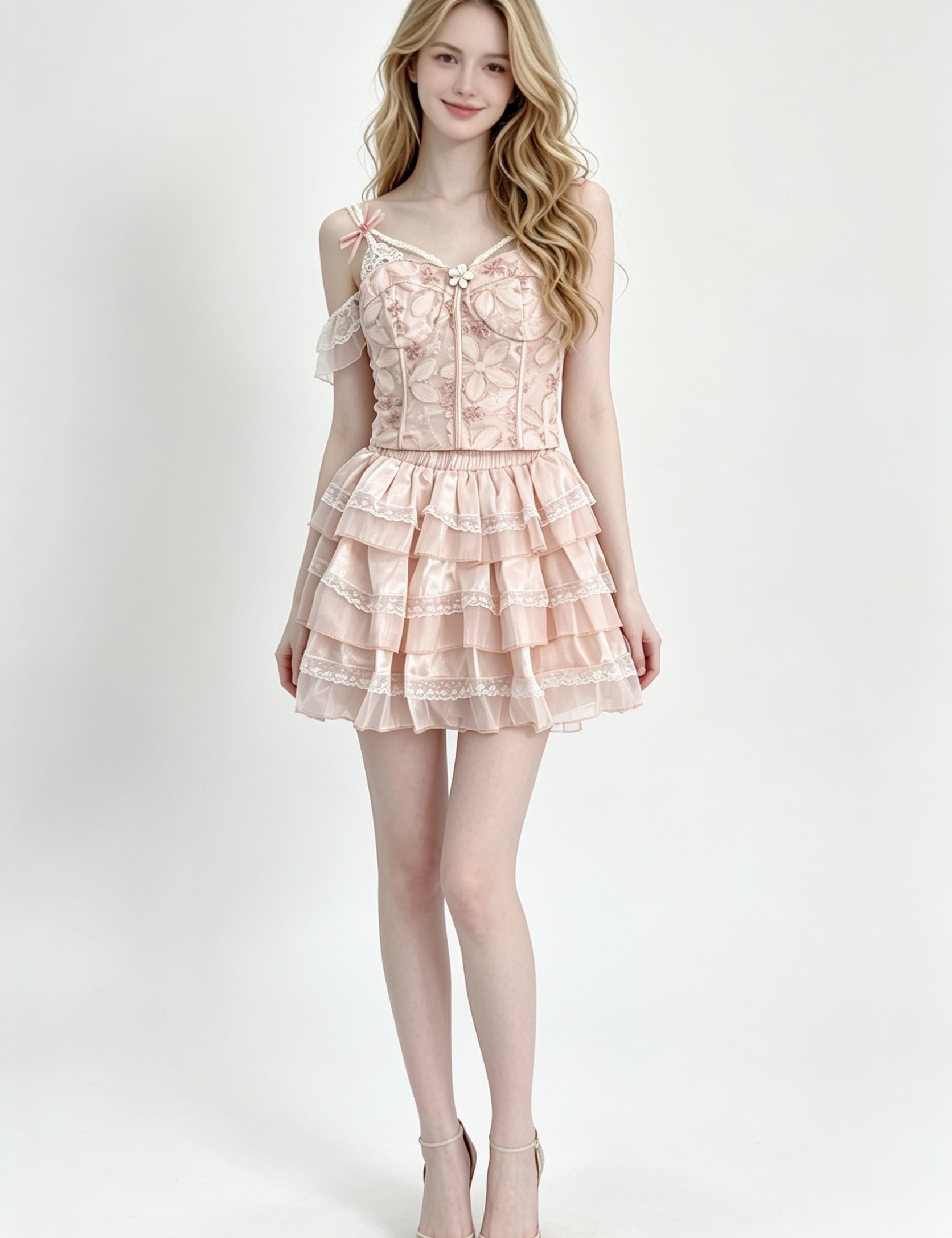 Floral Embroidery Bow Strap Satin Corset Top