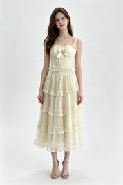 Cream Lace-Trim Jewel Bow Corset Top