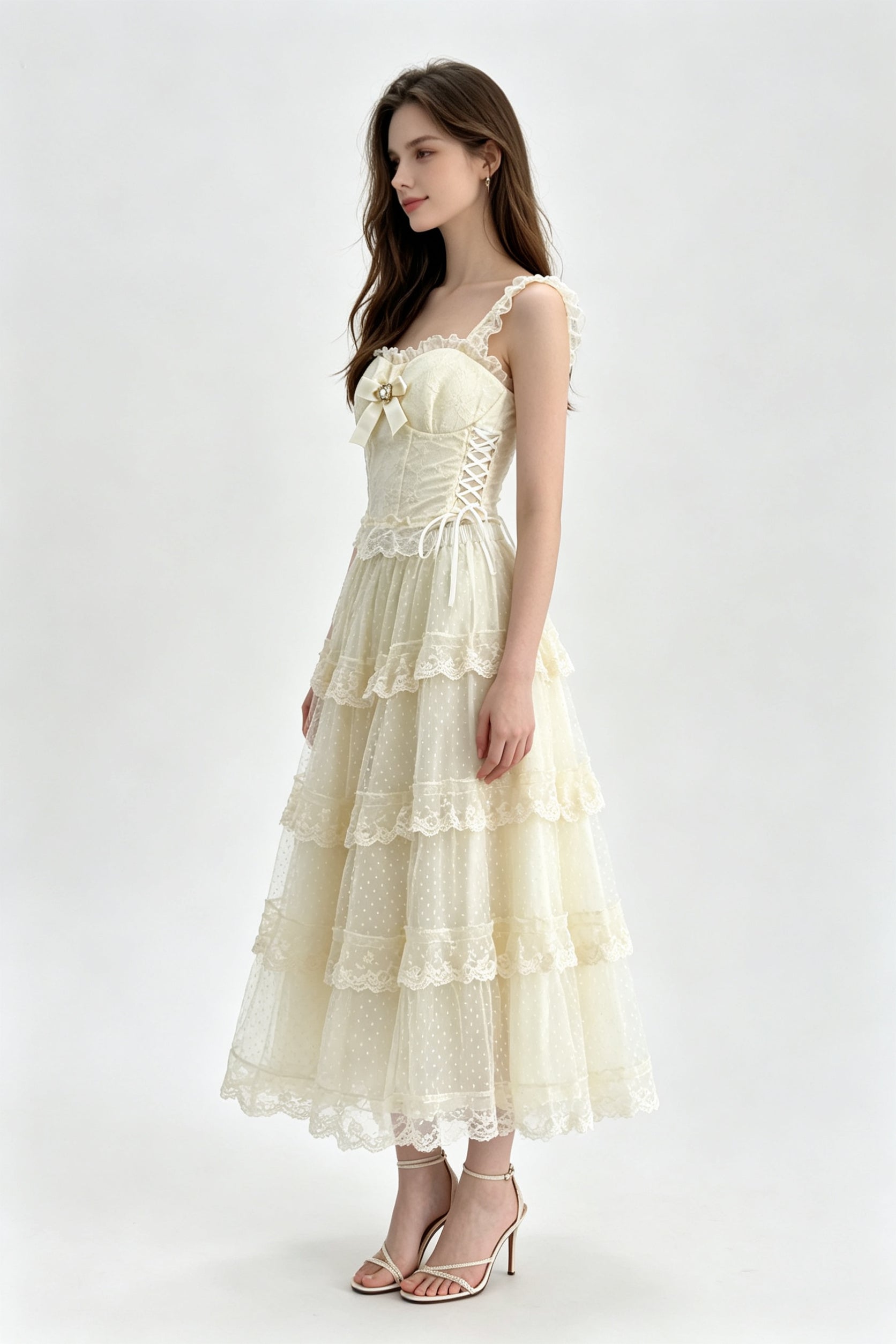 Cream Lace-Trim Jewel Bow Corset Top