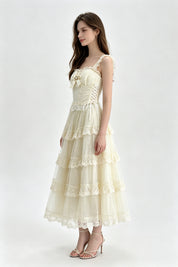 Cream Lace-Trim Jewel Bow Corset Top