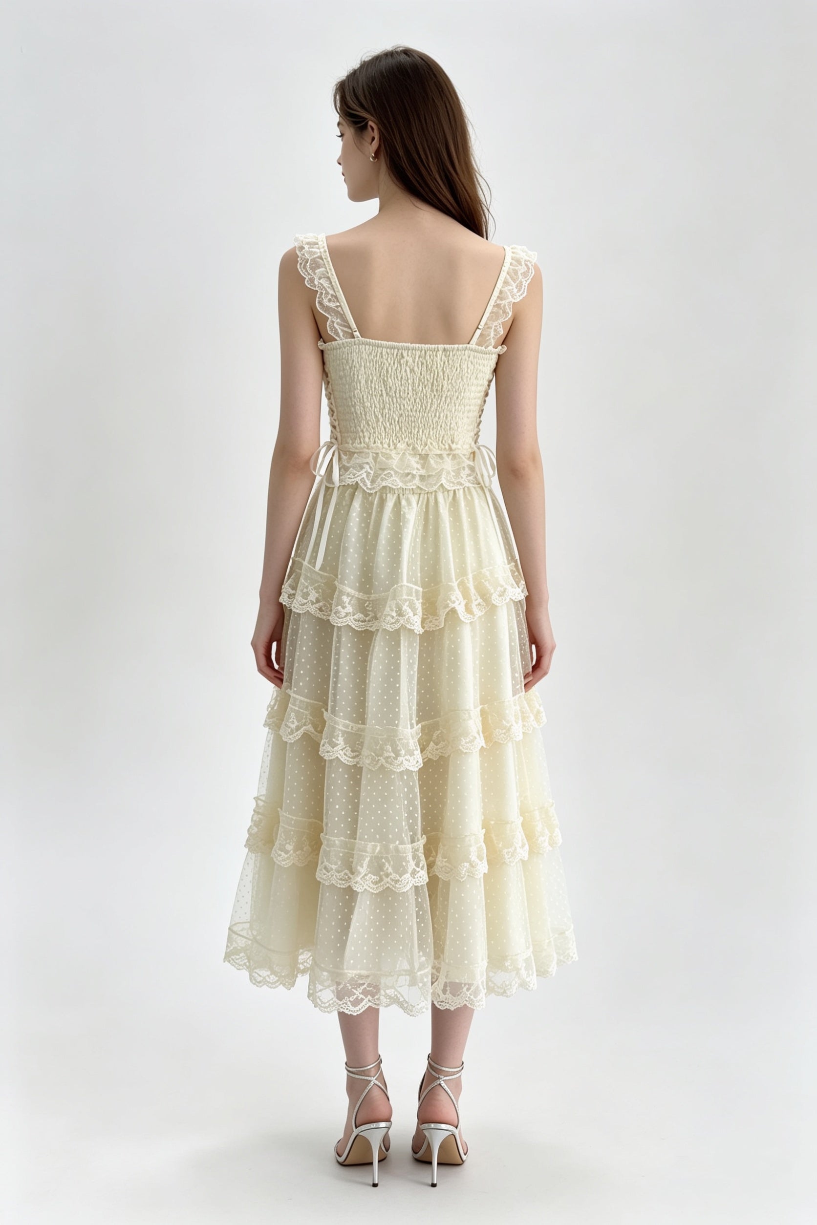 Cream Lace-Trim Jewel Bow Corset Top