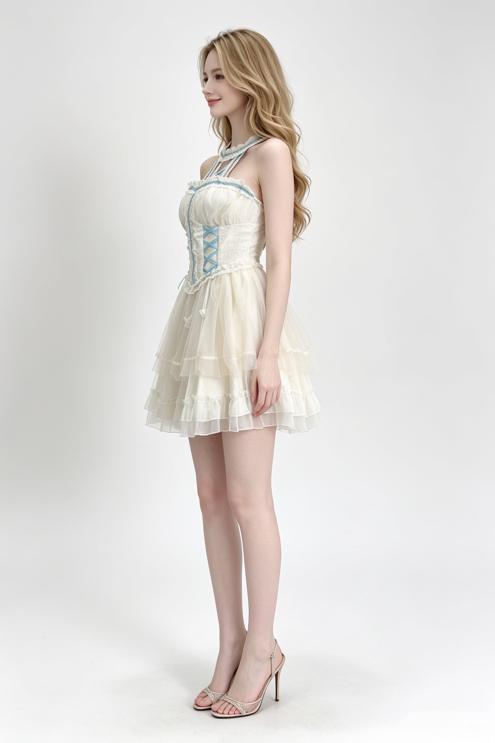 Halter Cross-Lace Corset Tiered Tulle Mini Dress