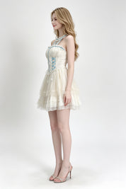 Halter Cross-Lace Corset Tiered Tulle Mini Dress