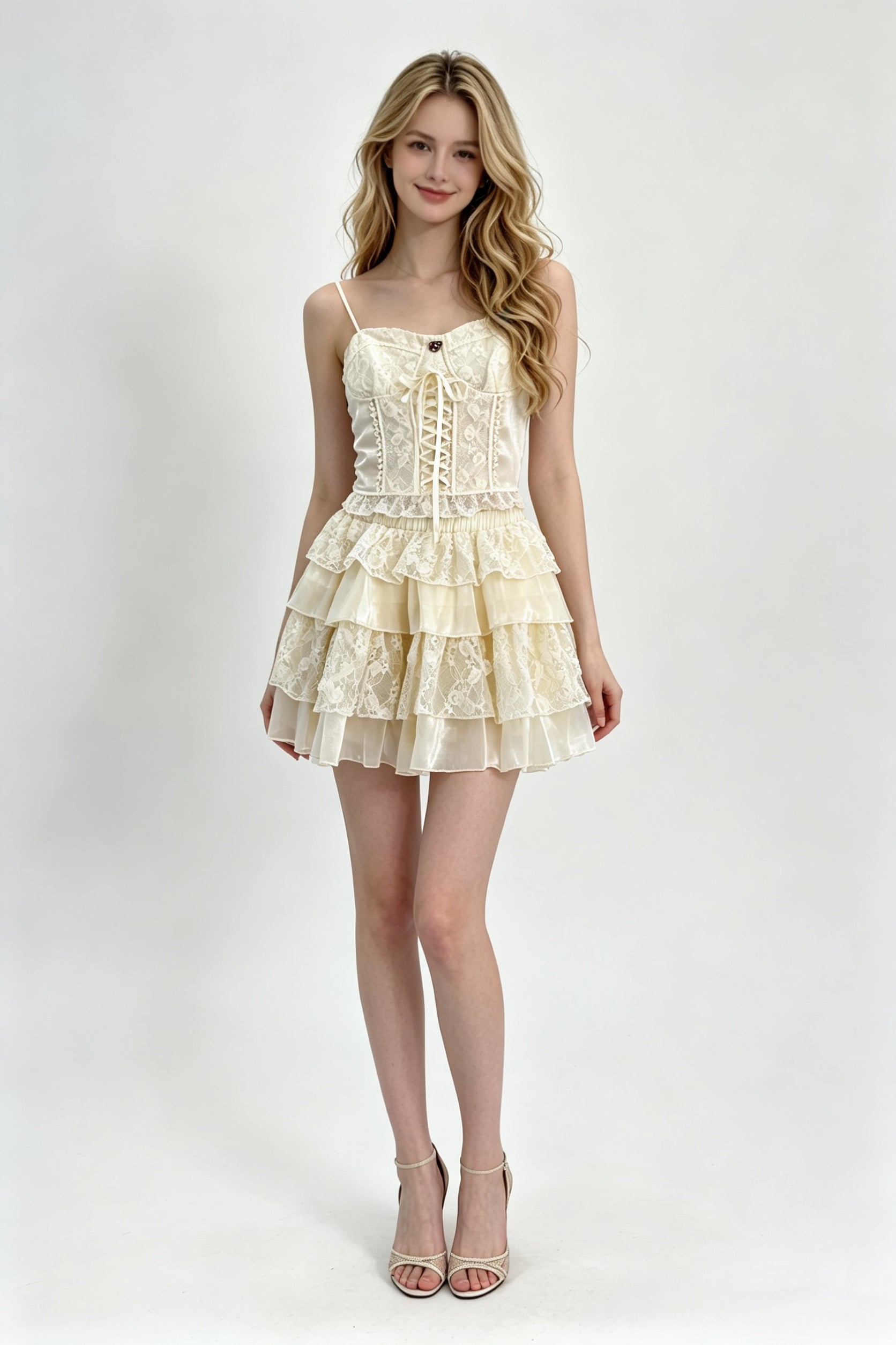 Cream Floral Lace Heart Brooch Cross-Lace Corset Top