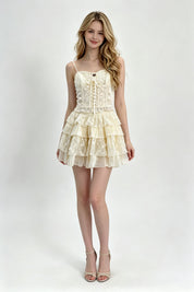 Cream Floral Lace Heart Brooch Cross-Lace Corset Top