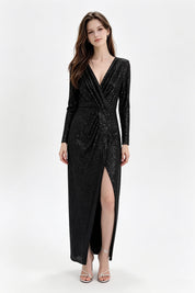Black Sequin Long Sleeve Wrap Twist Maxi Dress