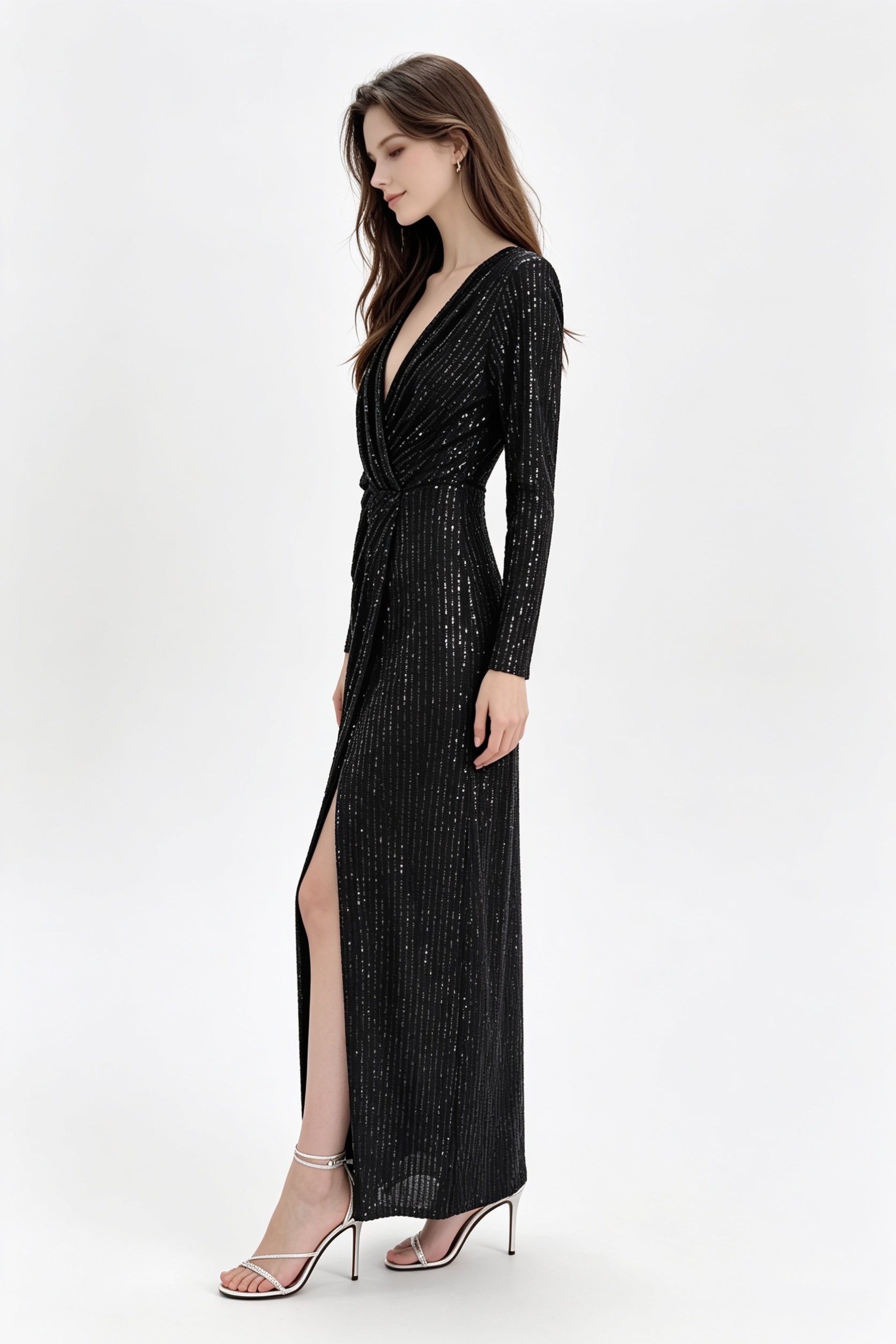 Black Sequin Long Sleeve Wrap Twist Maxi Dress