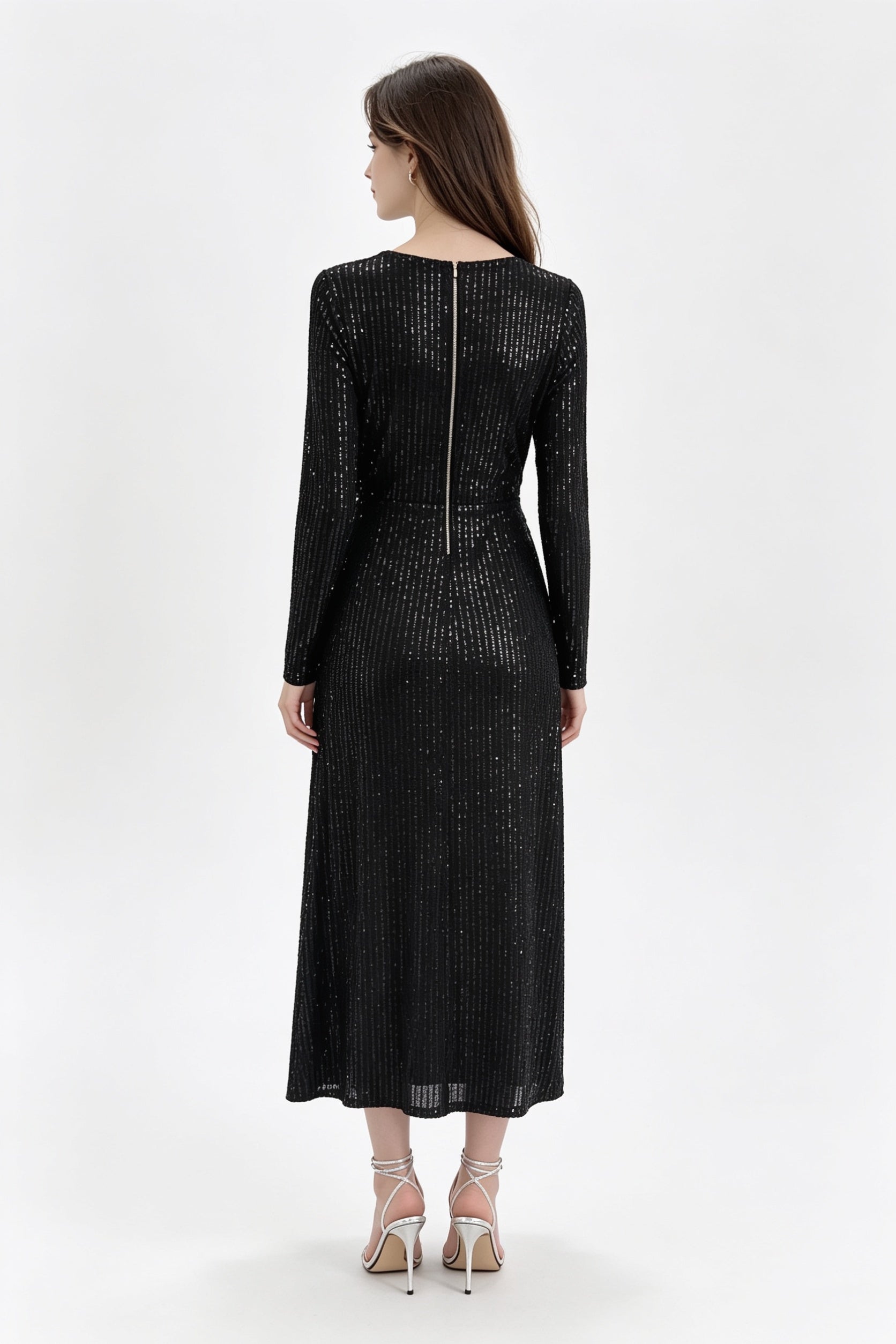 Black Sequin Long Sleeve Wrap Twist Maxi Dress