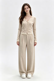 Beige Button Cardigan & Wide-Leg Trouser Set