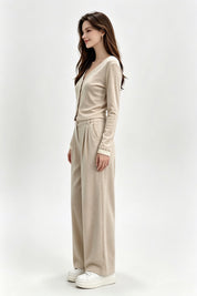 Beige Button Cardigan & Wide-Leg Trouser Set