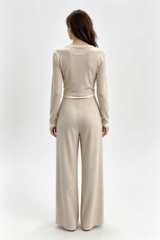 Beige Button Cardigan & Wide-Leg Trouser Set