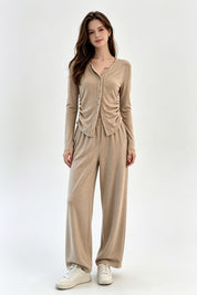 Beige Ruched Drawstring Cardigan & Wide-Leg Trouser Set