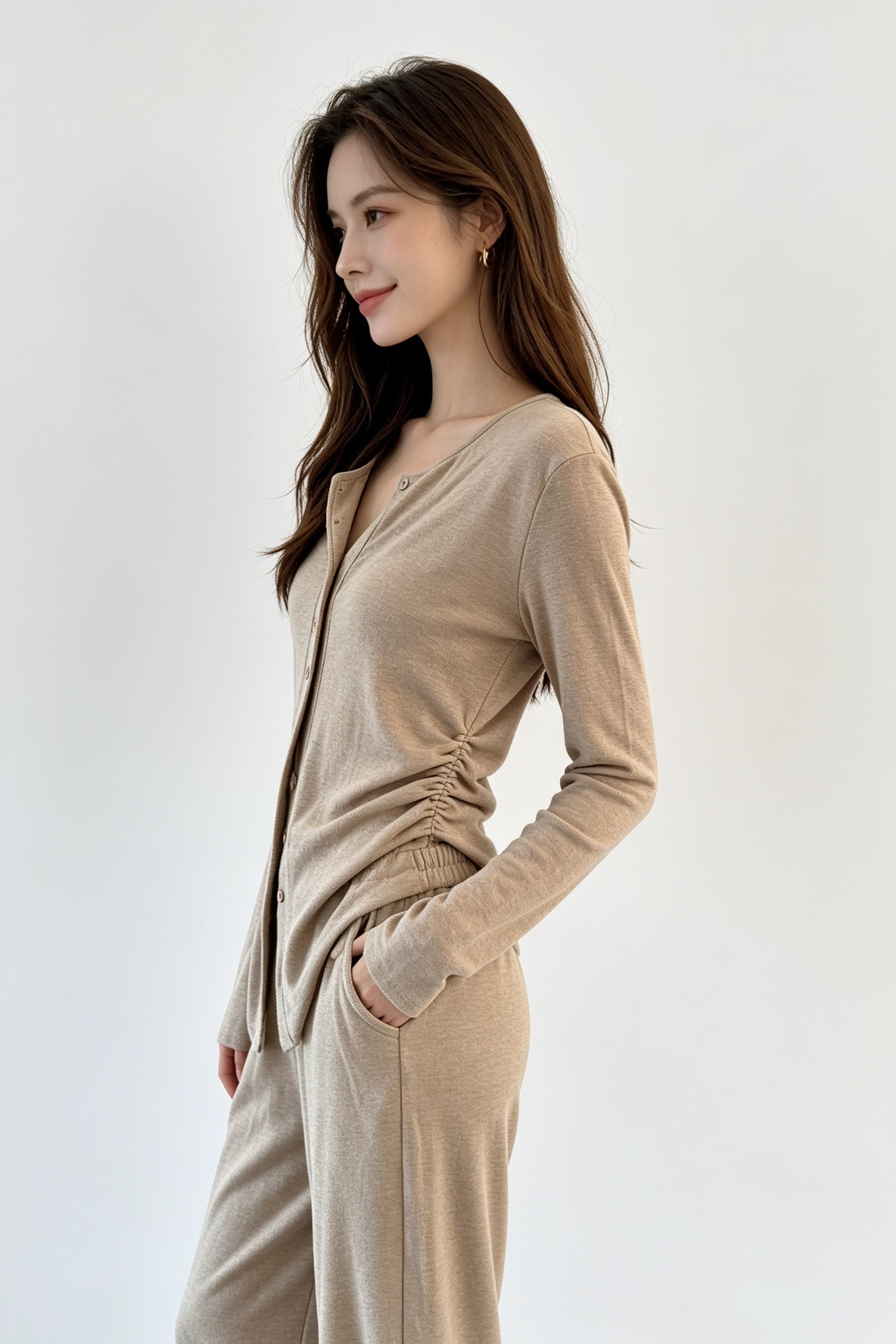 Beige Ruched Drawstring Cardigan & Wide-Leg Trouser Set