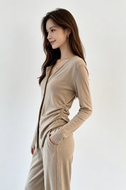 Beige Ruched Drawstring Cardigan & Wide-Leg Trouser Set