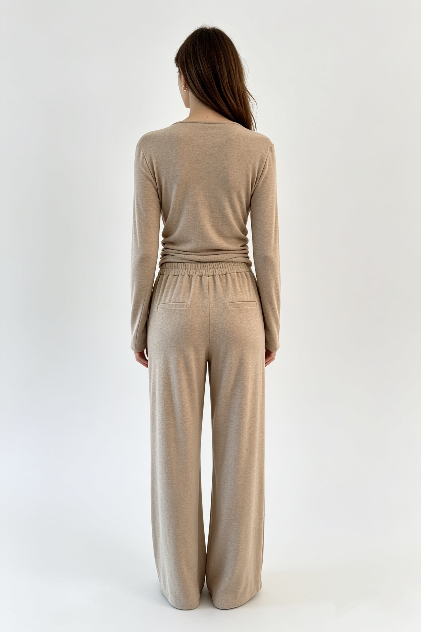 Beige Ruched Drawstring Cardigan & Wide-Leg Trouser Set