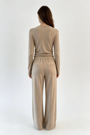 Beige Ruched Drawstring Cardigan & Wide-Leg Trouser Set