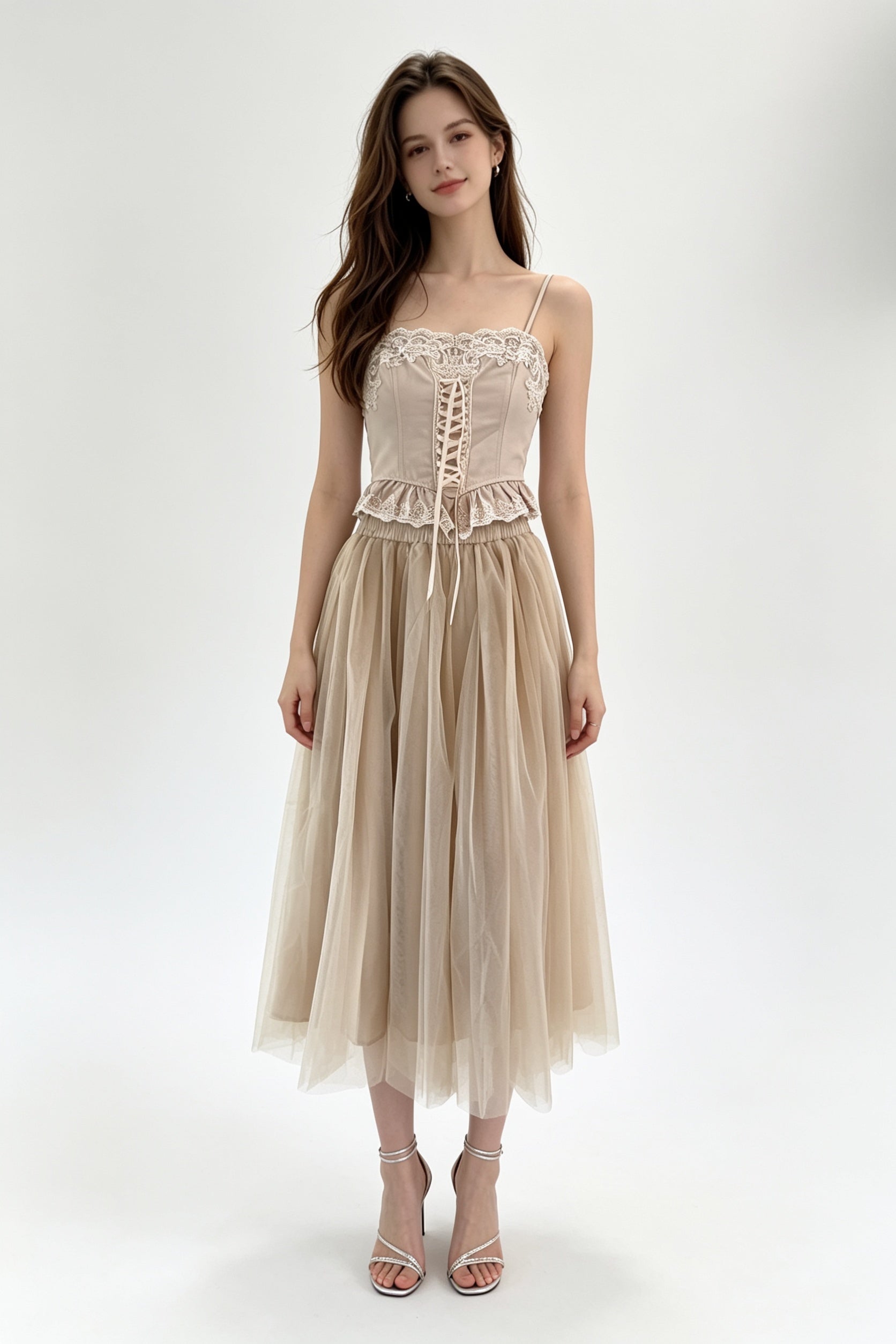 Champagne Floral Lace Appliqué Cross-Lace Peplum Corset Top