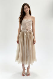 Champagne Floral Lace Appliqué Cross-Lace Peplum Corset Top