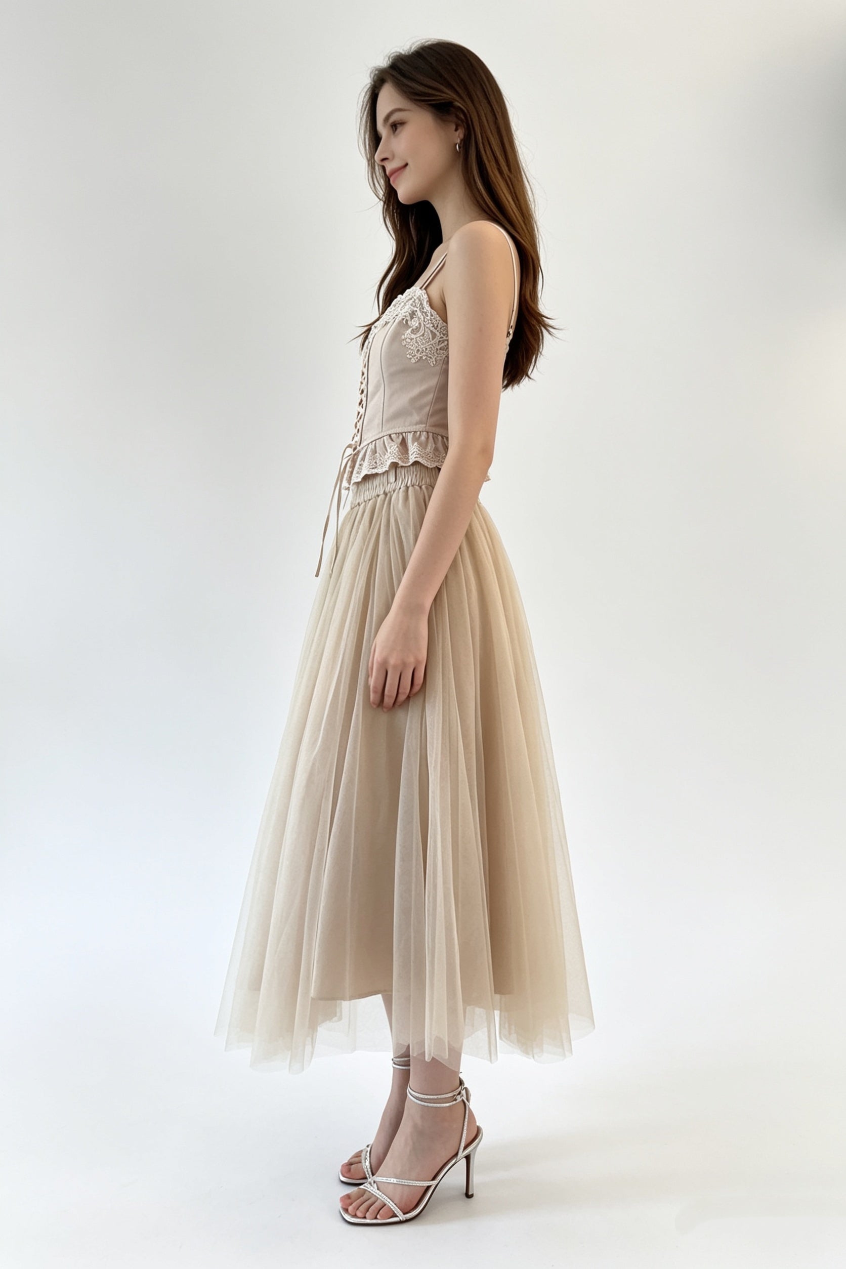 Champagne Floral Lace Appliqué Cross-Lace Peplum Corset Top