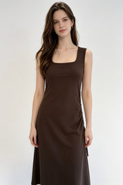 Chocolate Brown Square Neck Ruched Drawstring Midi Dress
