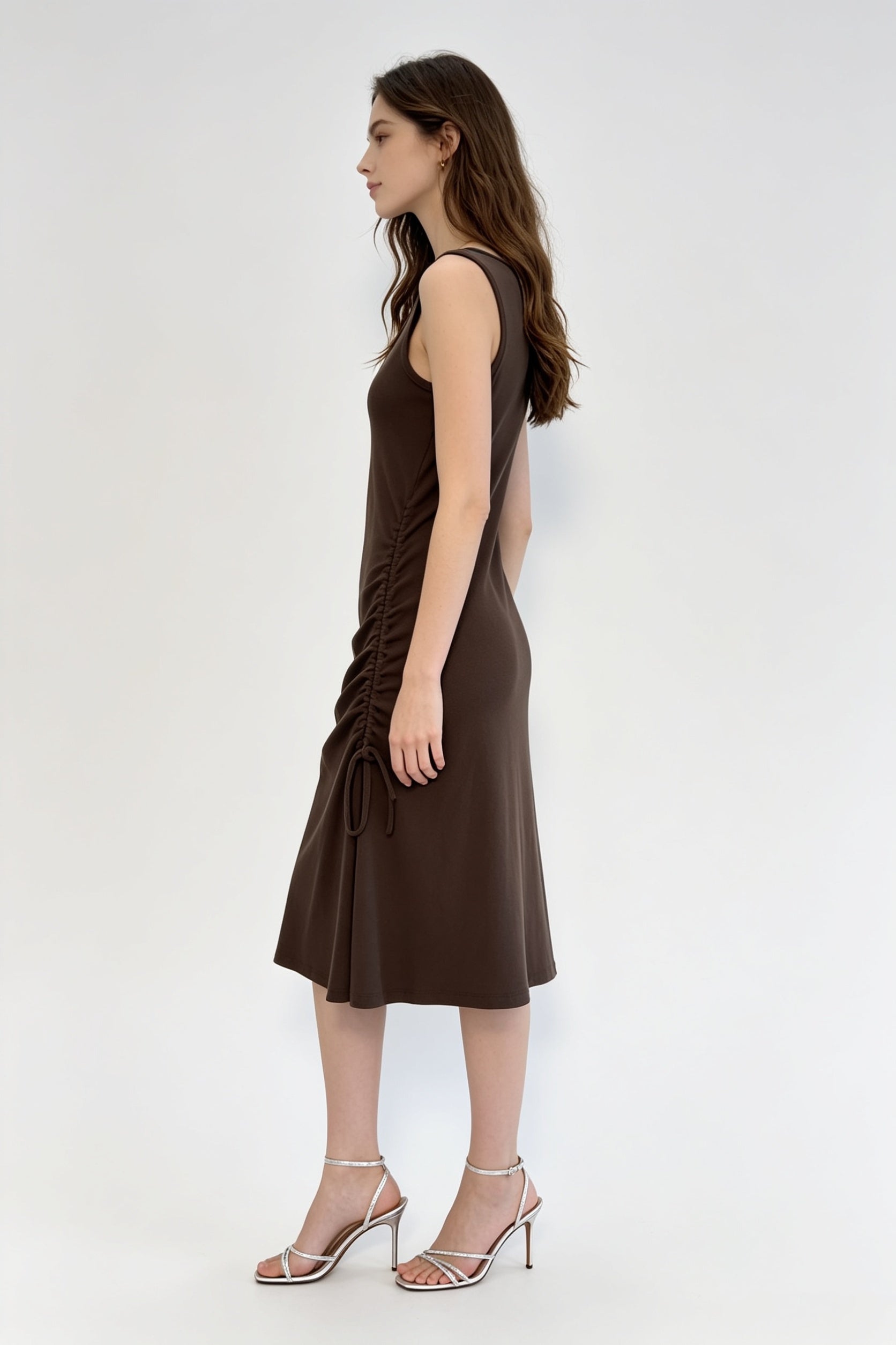 Chocolate Brown Square Neck Ruched Drawstring Midi Dress