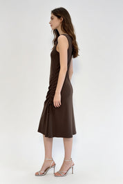 Chocolate Brown Square Neck Ruched Drawstring Midi Dress