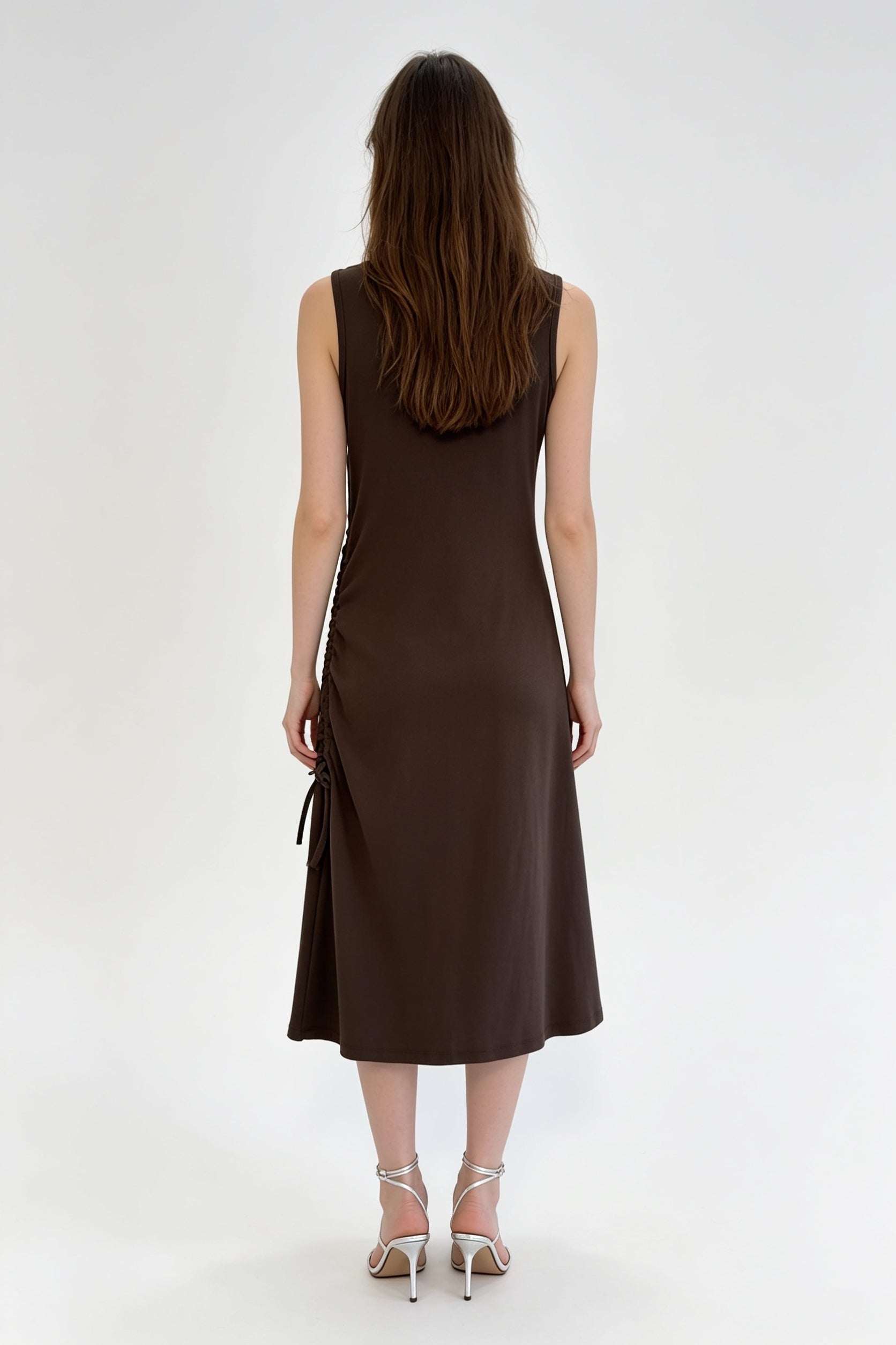 Chocolate Brown Square Neck Ruched Drawstring Midi Dress
