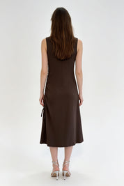 Chocolate Brown Square Neck Ruched Drawstring Midi Dress
