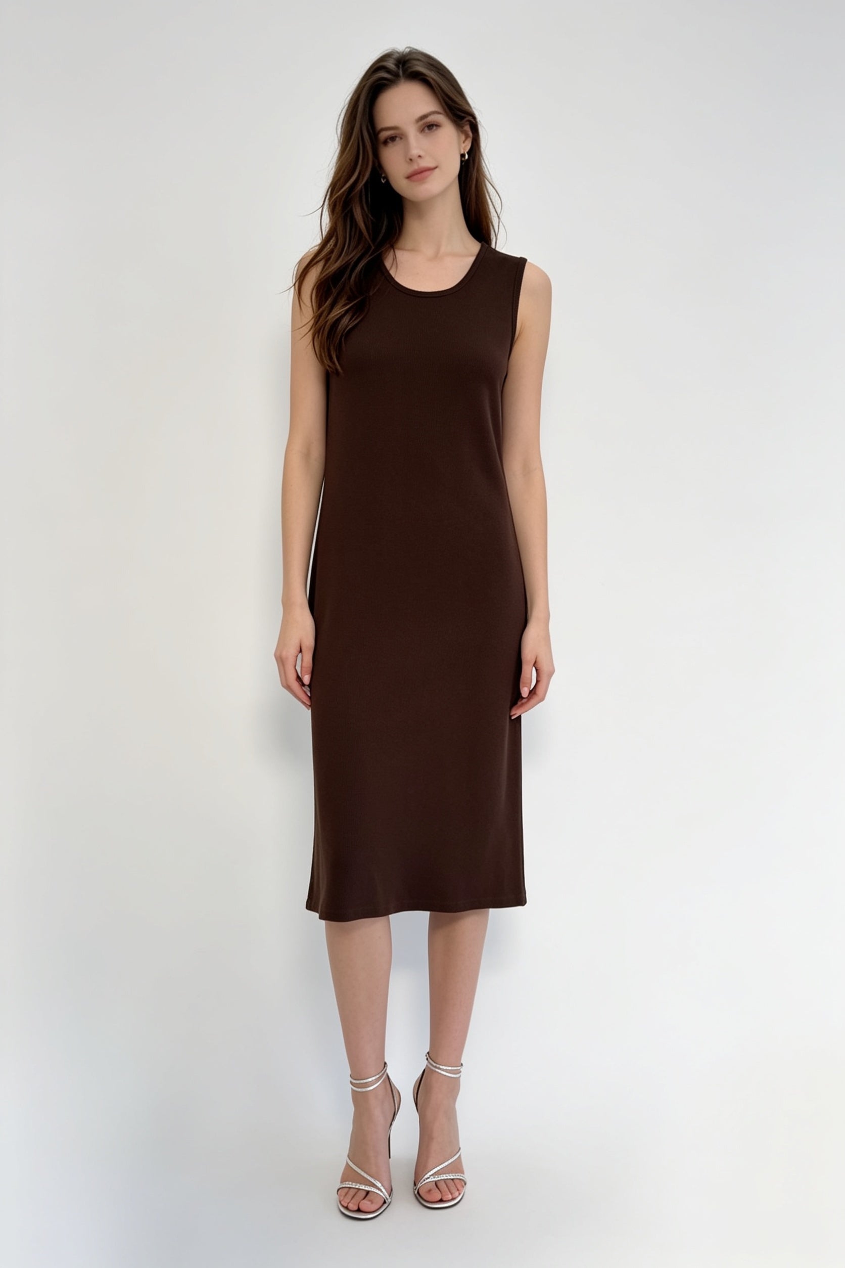 Chocolate Brown Crew Neck Sleeveless Midi Dress