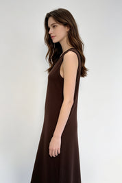 Chocolate Brown Crew Neck Sleeveless Midi Dress