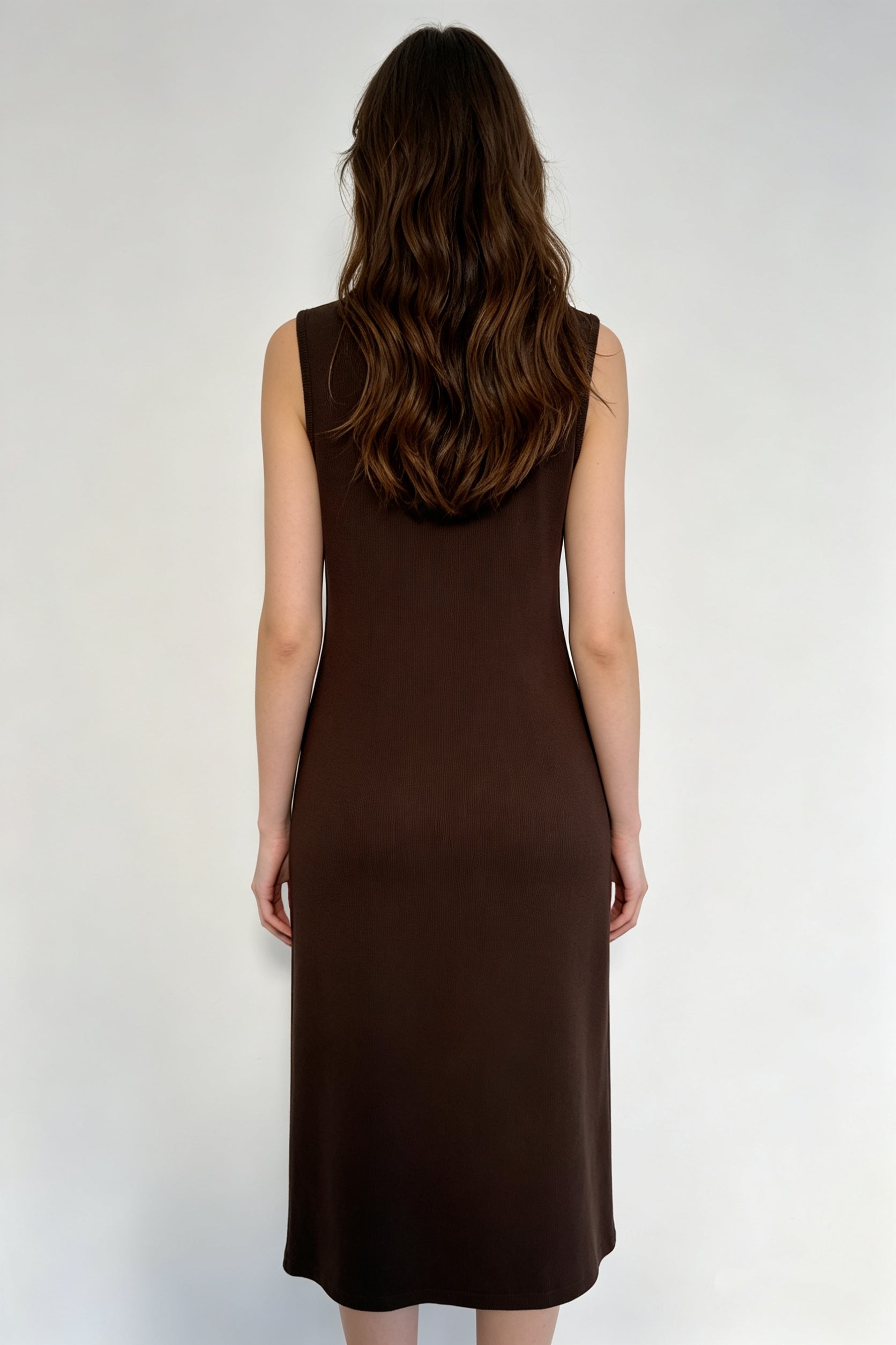 Chocolate Brown Crew Neck Sleeveless Midi Dress