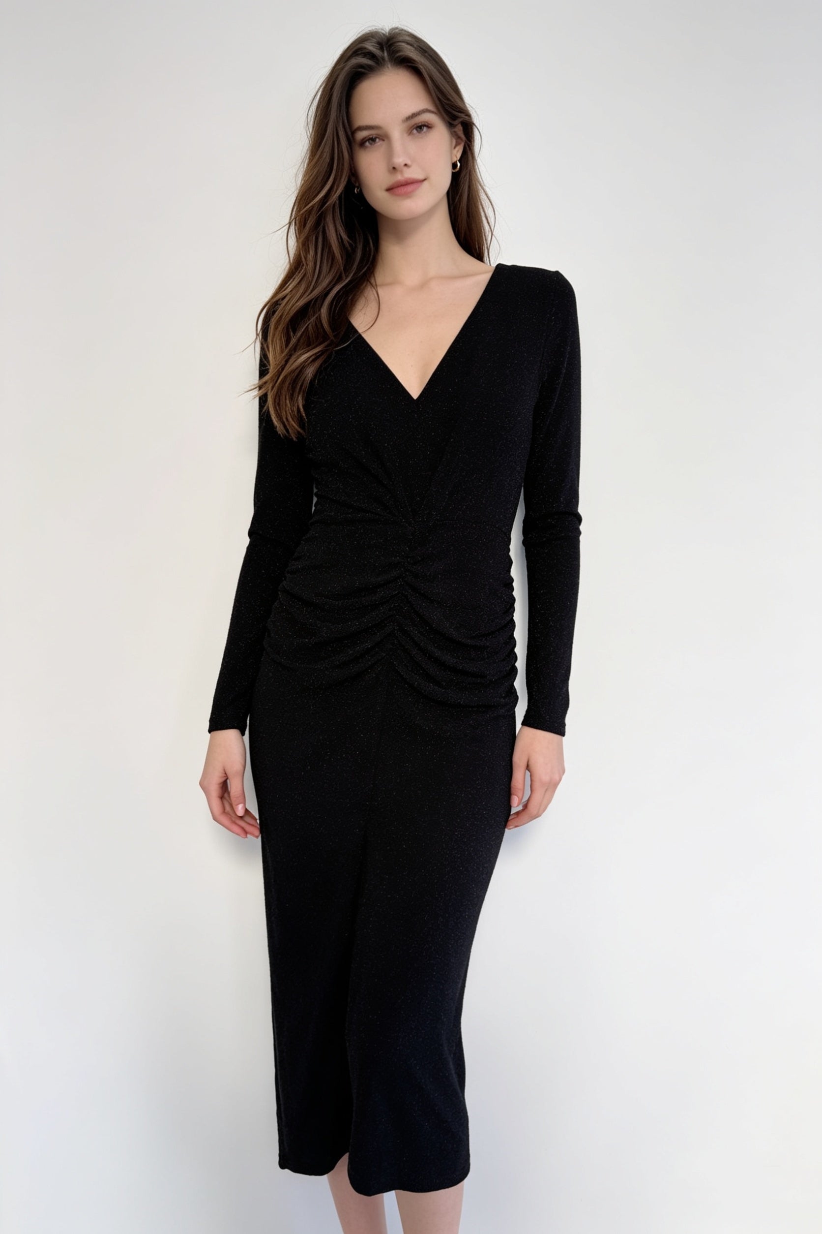 Black Deep V-Neck Ruched Long Sleeve Midi Dress