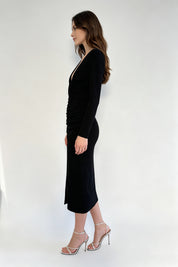 Black Deep V-Neck Ruched Long Sleeve Midi Dress